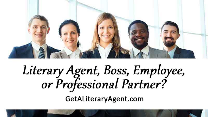 Literary Agent, Boss, Employee, or Professional Partner? being discussed by five diverse, sharply dressed literary agents