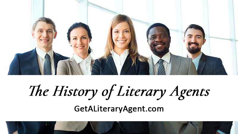 Five literary agents wearing suits, talking about the history of literary agents