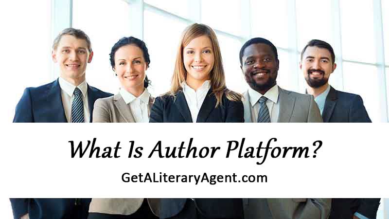 Group of literary agents talking about the definition of author platform, wearing suits