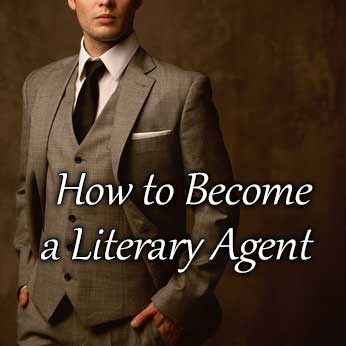 Publishing agent in brown suit invites visitors to read article, "How to Become a Literary Agent"