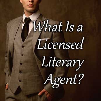 Book agent in brown suit with invitation to read answer to question, "What Is a Licensed Literary Agent?'