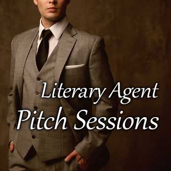 Book agent in tailored suit inviting authors to learn how to pitch a literary agent at a conference