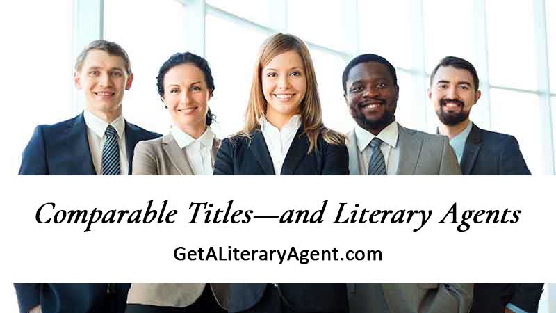 Sign that says "Comparable titles and literary agents" with a diverse group of five male and female literary agents