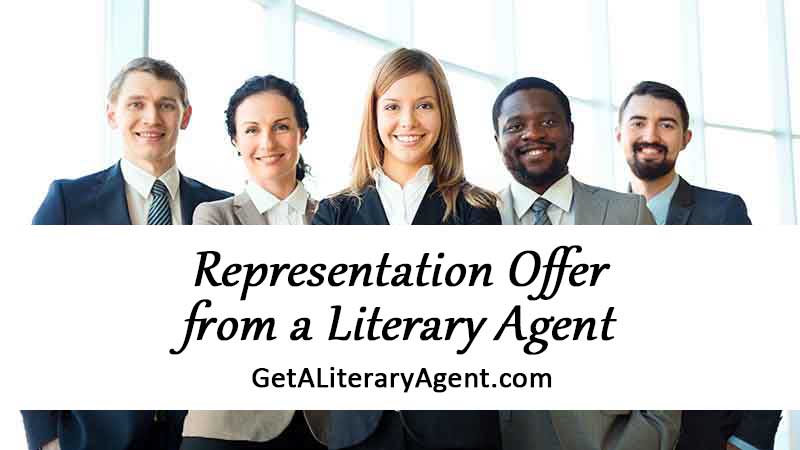 Group of book agents in suits talking about getting an offer for representation from a literary agent
