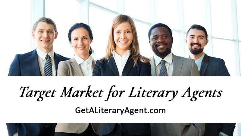 Group of five smiling literary agents wearing suits