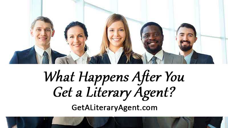 Group of book agents in suits talking about what happens after you get a literary agent
