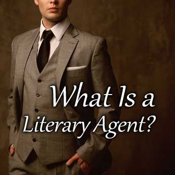 Publishing agent in brown suit invites visitors to read article, "What Is a Literary Agent?"