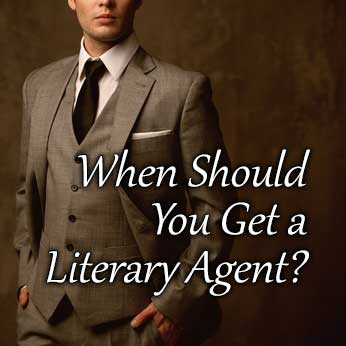 Book agent in brown suit invites visitors to read article, "When Should You Get a Literary Agent?"